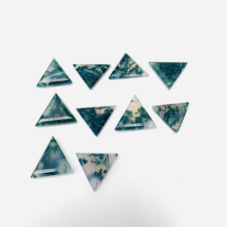 Natural Moss Agate Triangle Cabochons – 5 Pcs Loose Gemstones