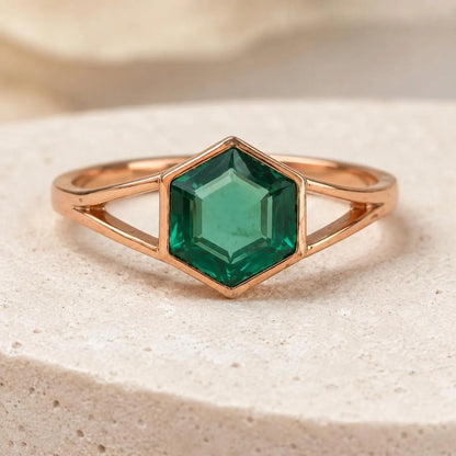 Lab Grown Emerald Ring in Solid Gold, Hexagonal Bezel-Set