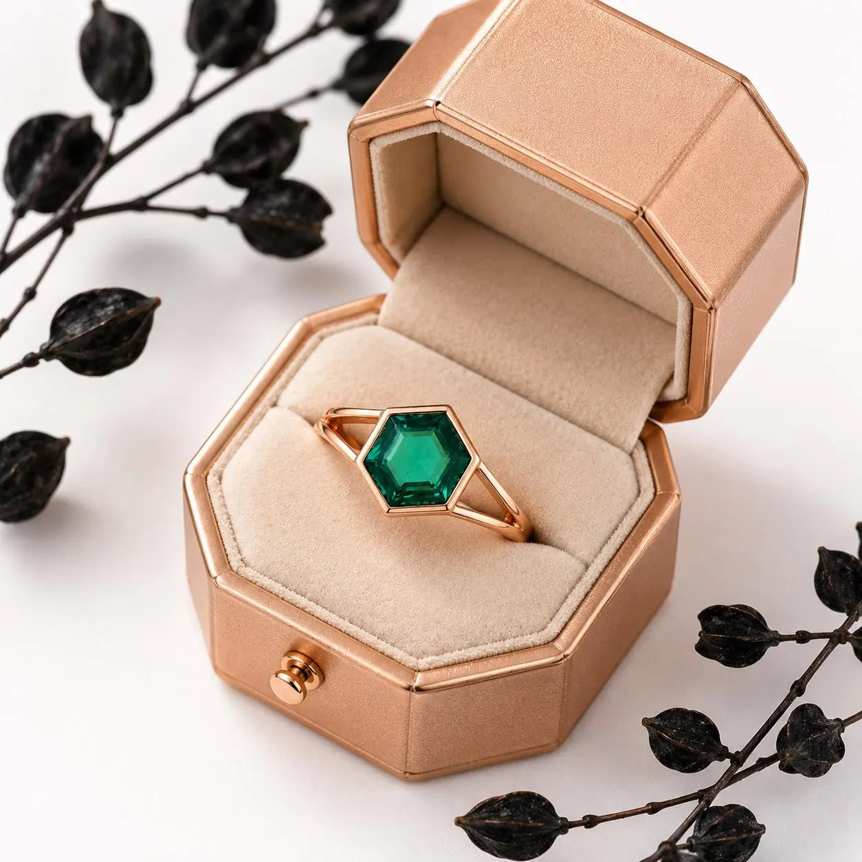 Lab Grown Emerald Ring in Solid Gold, Hexagonal Bezel-Set