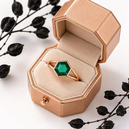 Lab Grown Emerald Ring in Solid Gold, Hexagonal Bezel-Set