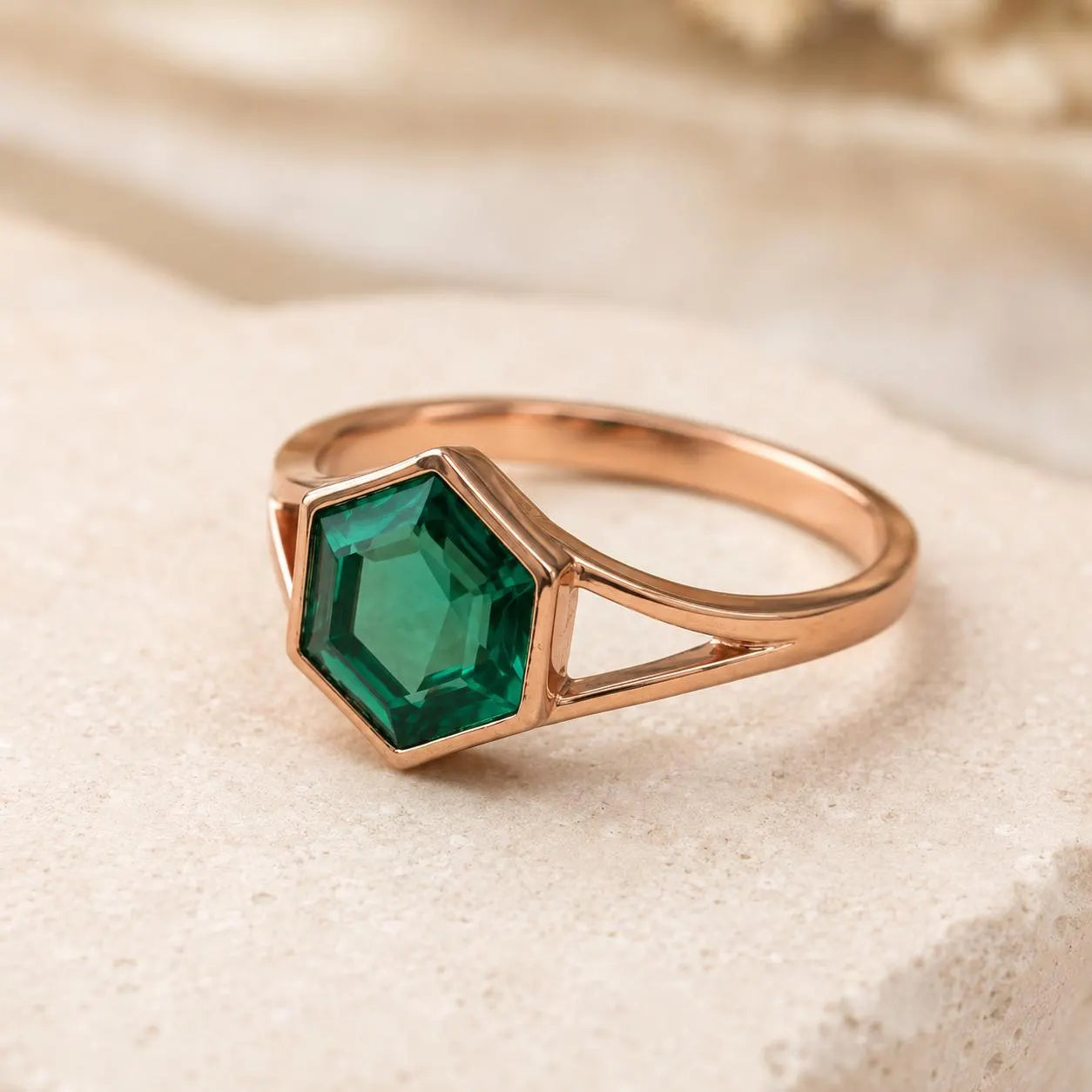 Lab Grown Emerald Ring in Solid Gold, Hexagonal Bezel-Set