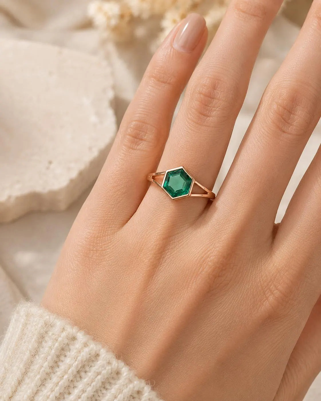 Lab Grown Emerald Ring in Solid Gold, Hexagonal Bezel-Set