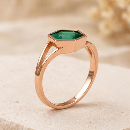 Lab Grown Emerald Ring in Solid Gold, Hexagonal Bezel-Set