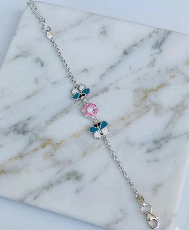 Kids Flower Butterfly Anklet - 925 Sterling Silver Enamel Charm Anklets - BeadsBoatInc