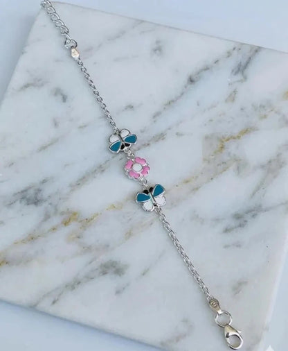 Kids Flower Butterfly Anklet - 925 Sterling Silver Enamel Charm Anklets - BeadsBoatInc