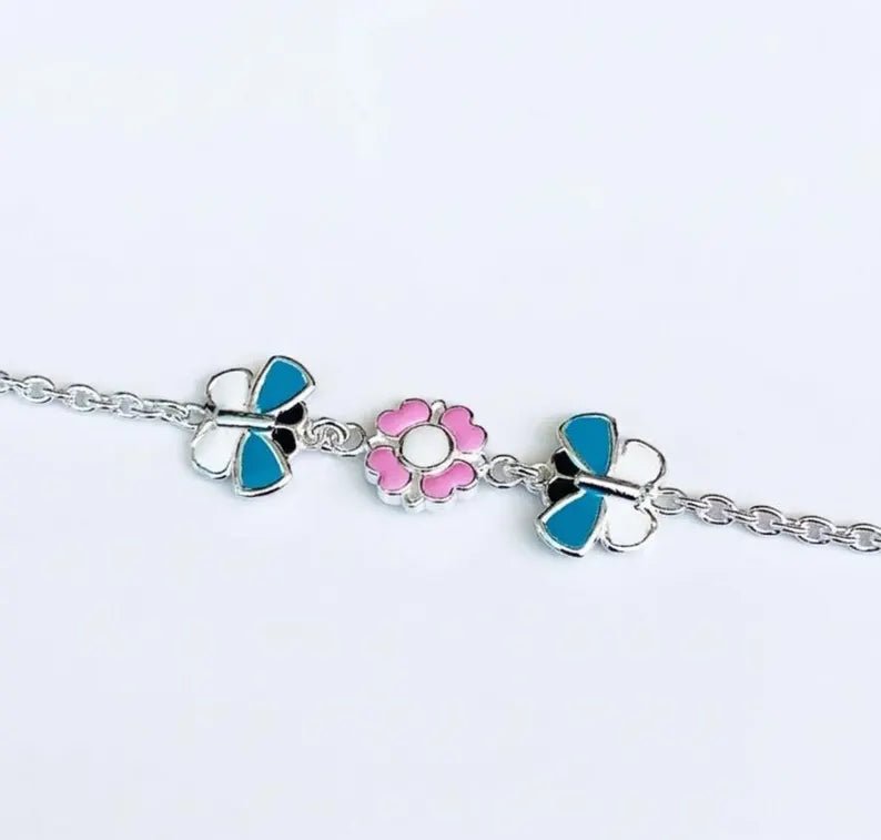 Kids Flower Butterfly Anklet - 925 Sterling Silver Enamel Charm Anklets - BeadsBoatInc