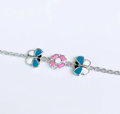Kids Flower Butterfly Anklet - 925 Sterling Silver Enamel Charm Anklets - BeadsBoatInc