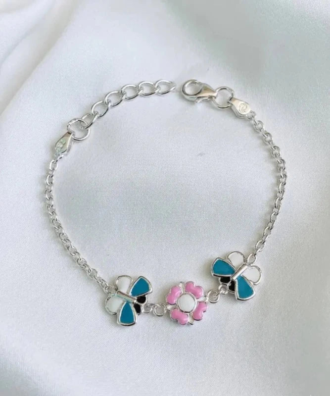 Kids Flower Butterfly Anklet - 925 Sterling Silver Enamel Charm Anklets - BeadsBoatInc