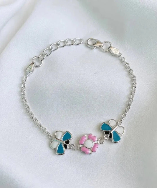 Kids Flower Butterfly Anklet - 925 Sterling Silver Enamel Charm Anklets - BeadsBoatInc