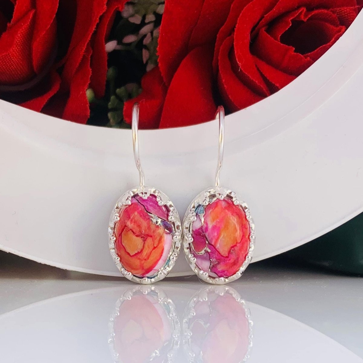 Kingman Pink Dahila Turquoise Dangle Drops - 925 Silver Women Earrings - BeadsBoatInc