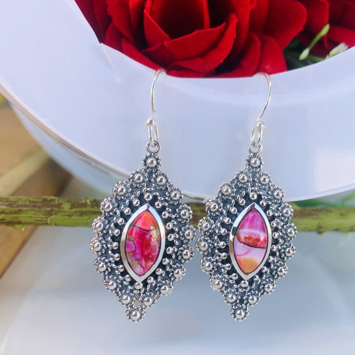 Kingman Pink Dahila Turquoise Earrings in 925 Sterling Silver Marquise Design - BeadsBoatInc