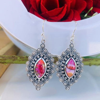 Kingman Pink Dahila Turquoise Earrings in 925 Sterling Silver Marquise Design - BeadsBoatInc