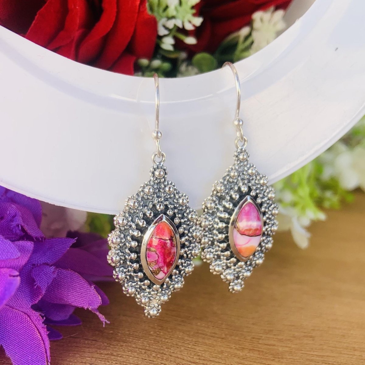 Kingman Pink Dahila Turquoise Earrings in 925 Sterling Silver Marquise Design - BeadsBoatInc
