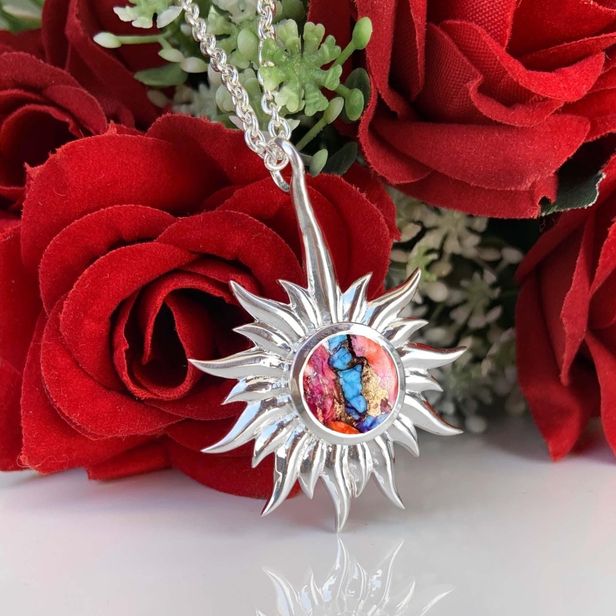 Kingman Pink Dahlia Turquoise Necklace – Celestial Silver Sun Pendant - BeadsBoatInc