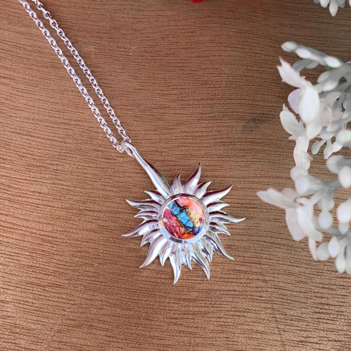 Kingman Pink Dahlia Turquoise Necklace – Celestial Silver Sun Pendant - BeadsBoatInc