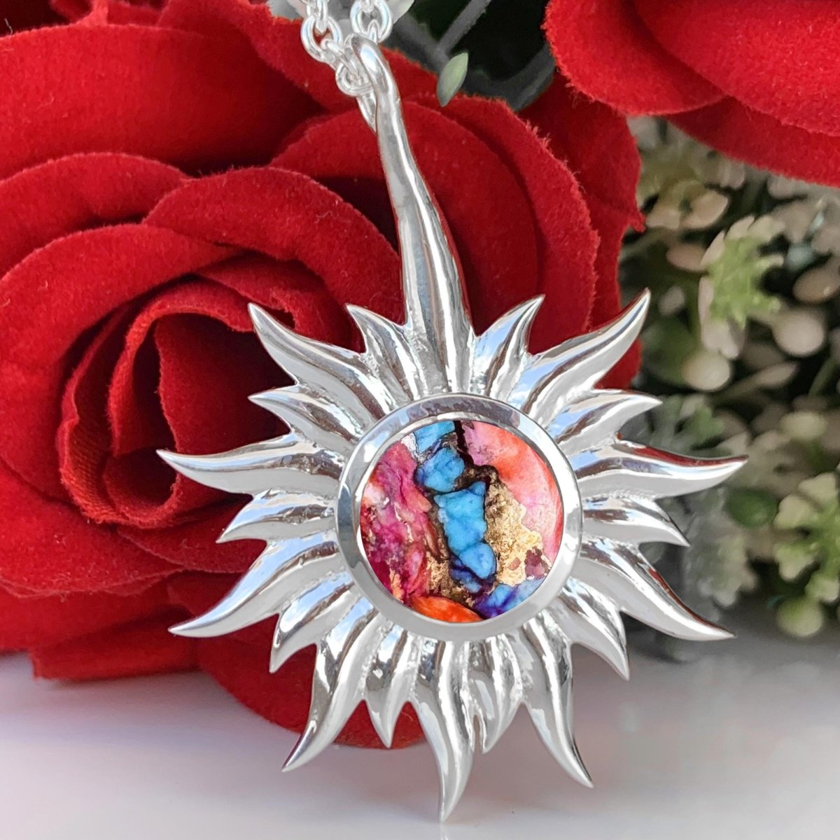 Kingman Pink Dahlia Turquoise Necklace – Celestial Silver Sun Pendant - BeadsBoatInc
