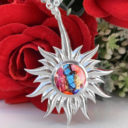Kingman Pink Dahlia Turquoise Necklace – Celestial Silver Sun Pendant - BeadsBoatInc