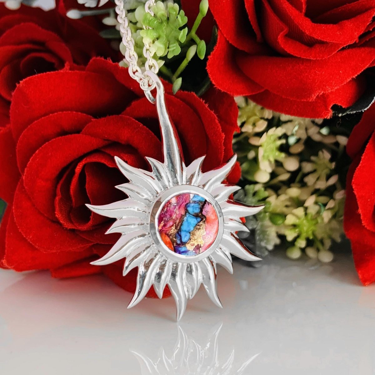 Kingman Pink Dahlia Turquoise Necklace – Celestial Silver Sun Pendant - BeadsBoatInc