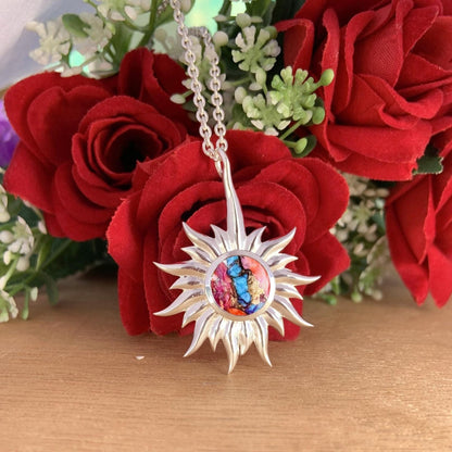 Kingman Pink Dahlia Turquoise Necklace – Celestial Silver Sun Pendant - BeadsBoatInc