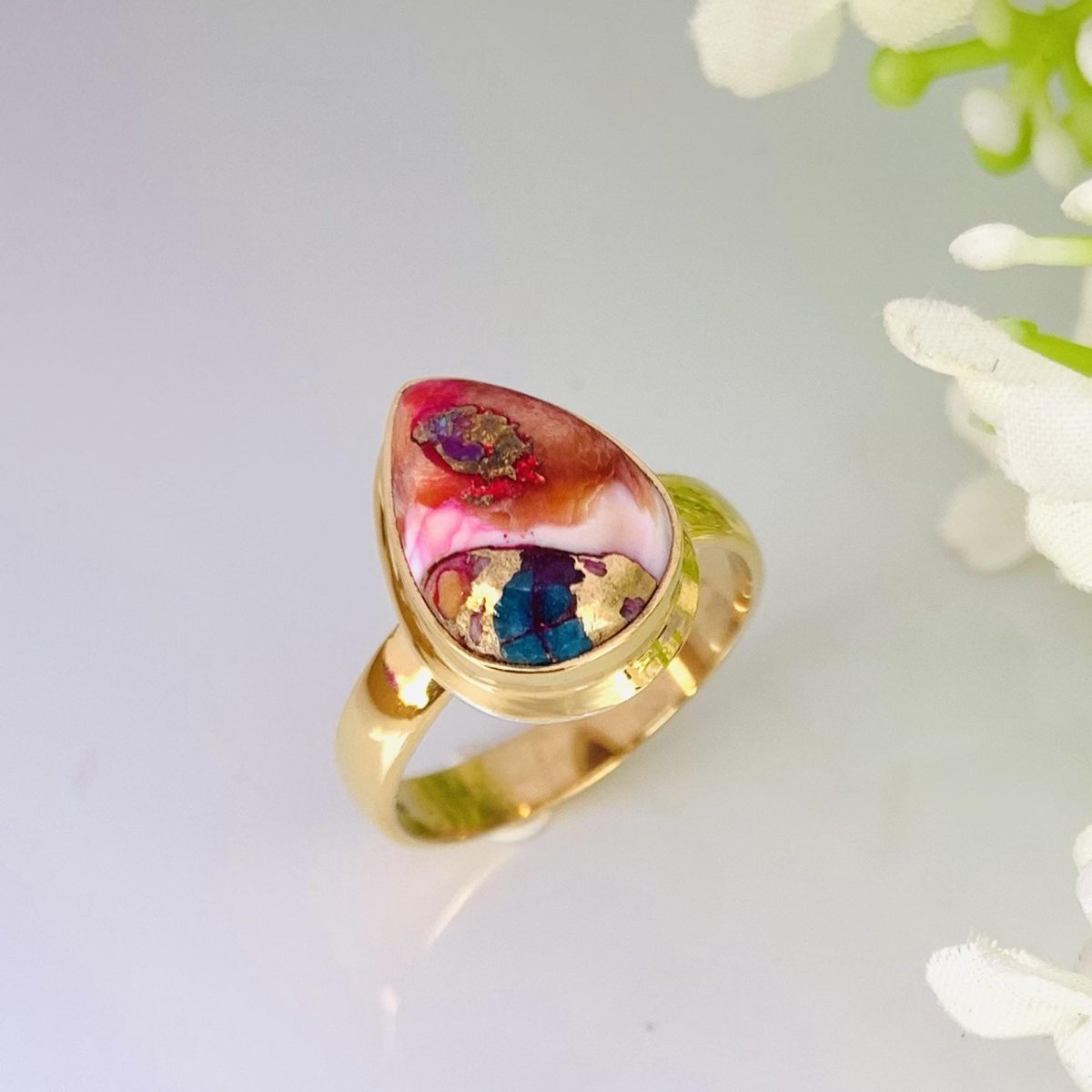 Kingman Pink Dahlia Turquoise Ring – 925 Sterling Silver - BeadsBoatInc