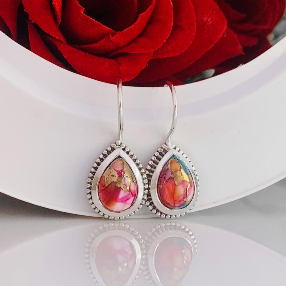 Kingman Pink Turquoise Earrings - 925 Silver Dangle Drops - BeadsBoatInc