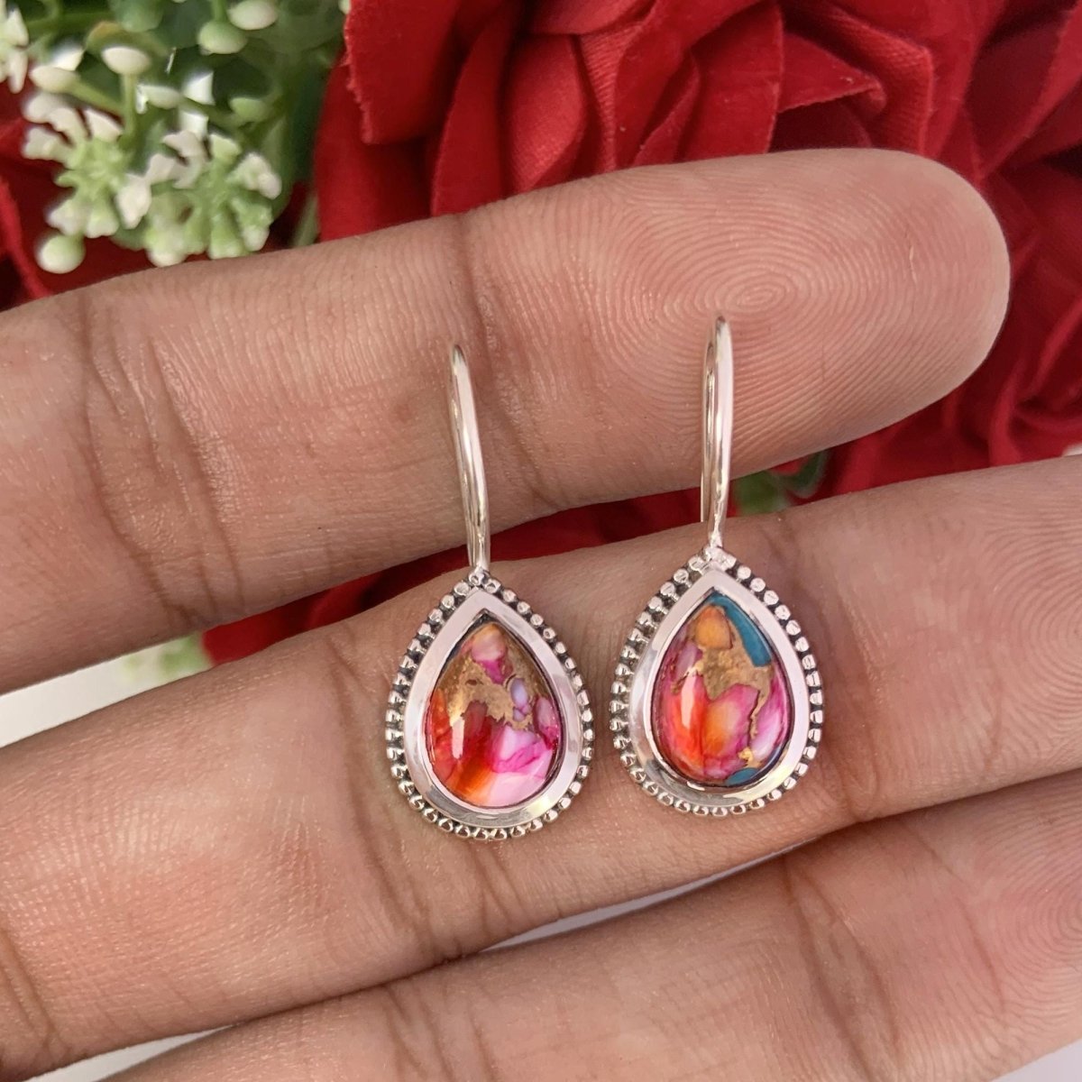 Kingman Pink Turquoise Earrings - 925 Silver Dangle Drops - BeadsBoatInc