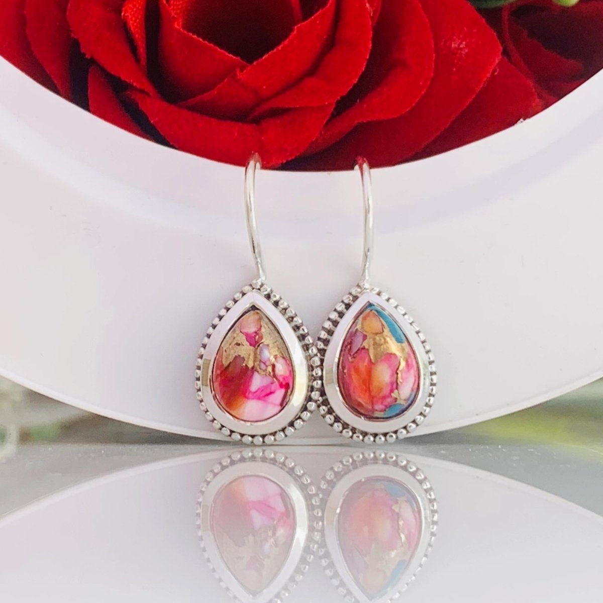 Kingman Pink Turquoise Earrings - 925 Silver Dangle Drops - BeadsBoatInc