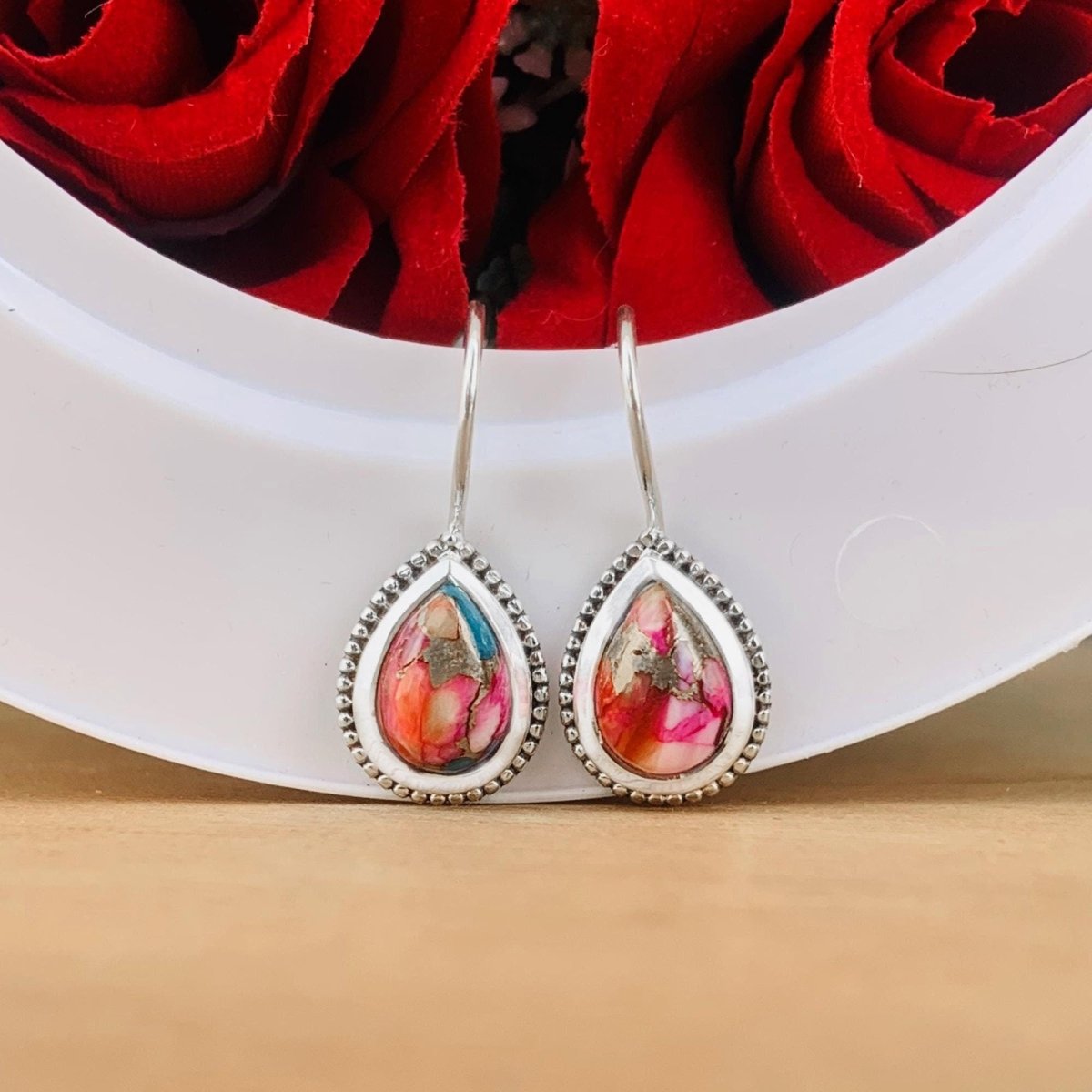 Kingman Pink Turquoise Earrings - 925 Silver Dangle Drops - BeadsBoatInc