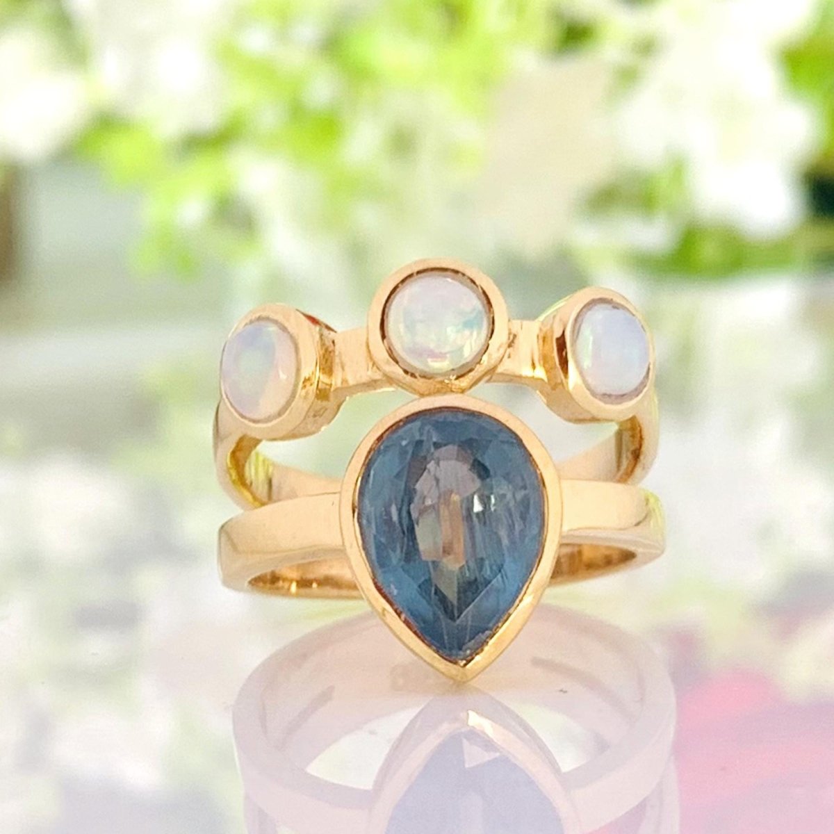 Kyanite & Opal Ring – 18K Gold Plated Sterling SIlver - BeadsBoatInc