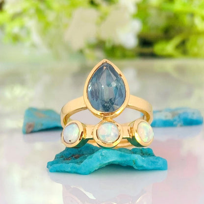 Kyanite & Opal Ring – 18K Gold Plated Sterling SIlver - BeadsBoatInc