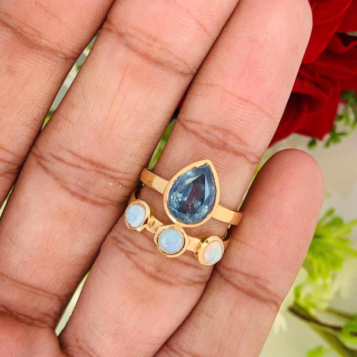 Kyanite & Opal Ring – 18K Gold Plated Sterling SIlver - BeadsBoatInc