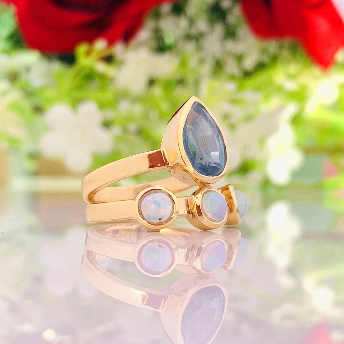 Kyanite & Opal Ring – 18K Gold Plated Sterling SIlver - BeadsBoatInc