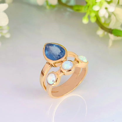 Kyanite & Opal Ring – 18K Gold Plated Sterling SIlver - BeadsBoatInc