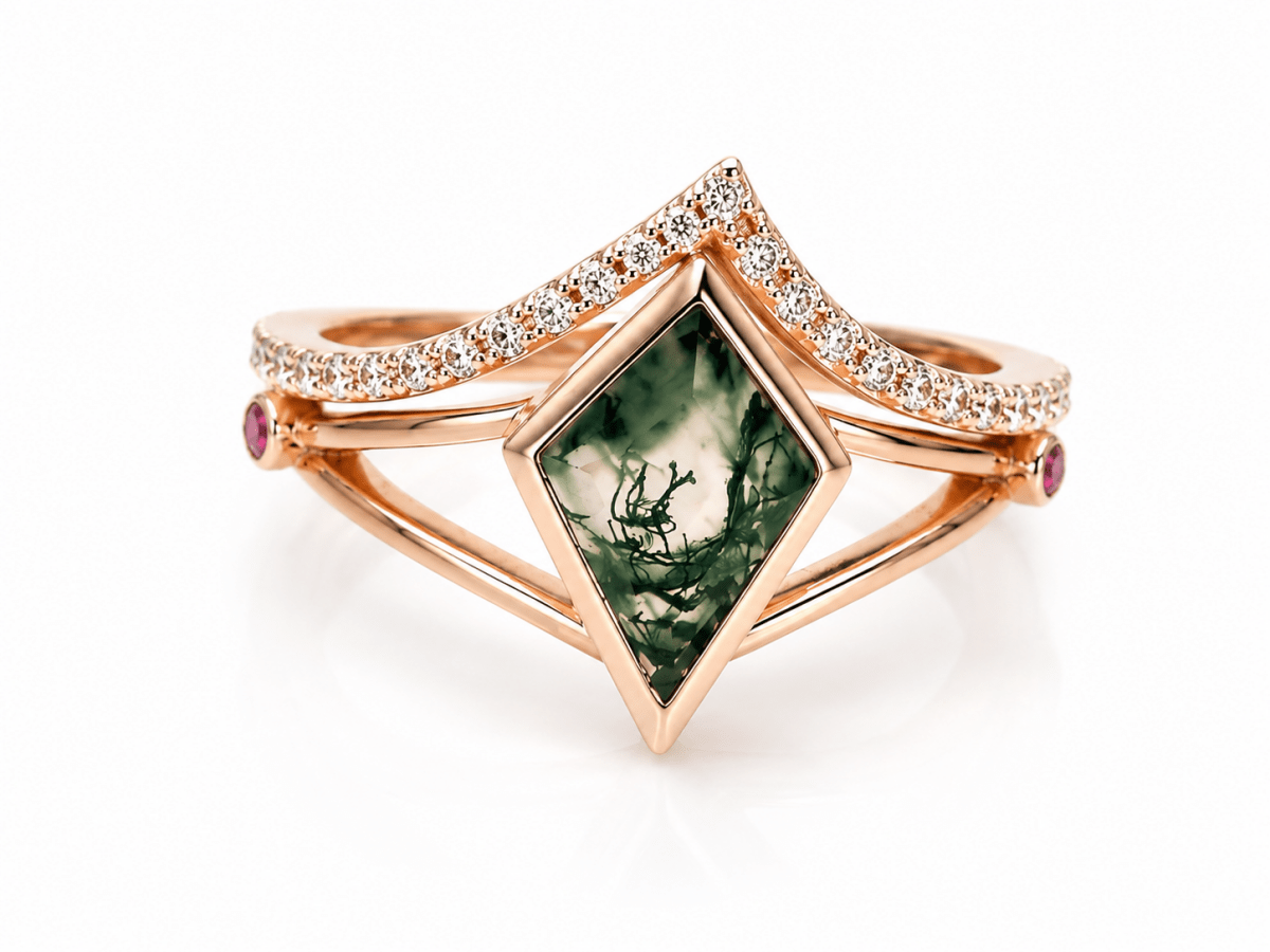 Lab Grown Moss Agate Ring with CZ Accents, Kite Shape Engagement Ring Set in 14K Gold - BeadsBoatInc