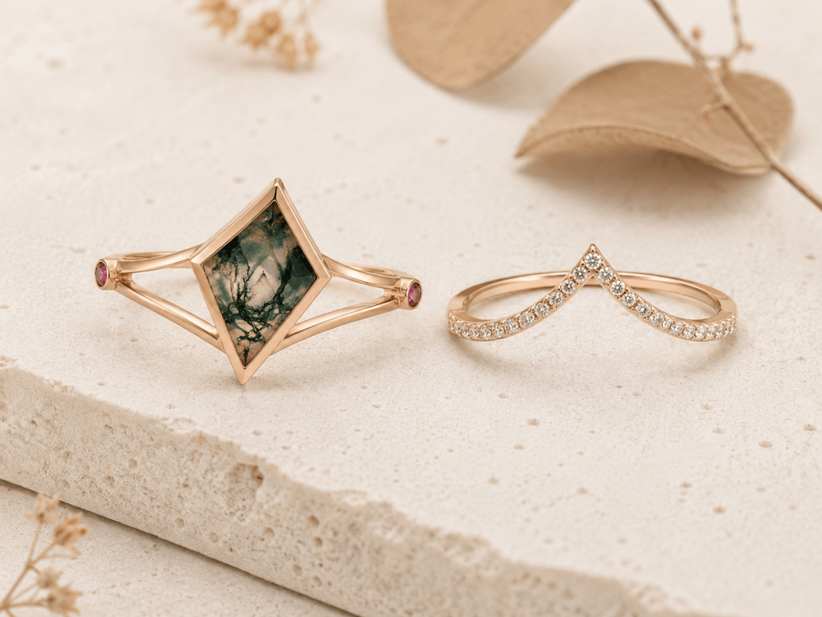 Lab Grown Moss Agate Ring with CZ Accents, Kite Shape Engagement Ring Set in 14K Gold - BeadsBoatInc