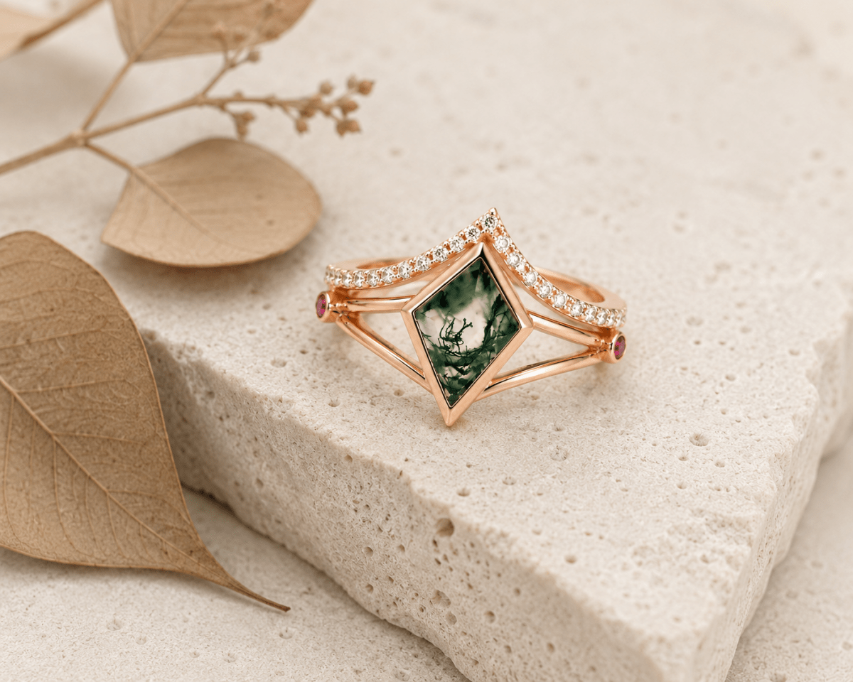 Lab Grown Moss Agate Ring with CZ Accents, Kite Shape Engagement Ring Set in 14K Gold - BeadsBoatInc