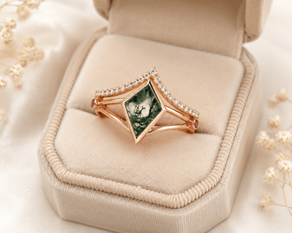 Lab Grown Moss Agate Ring with CZ Accents, Kite Shape Engagement Ring Set in 14K Gold - BeadsBoatInc