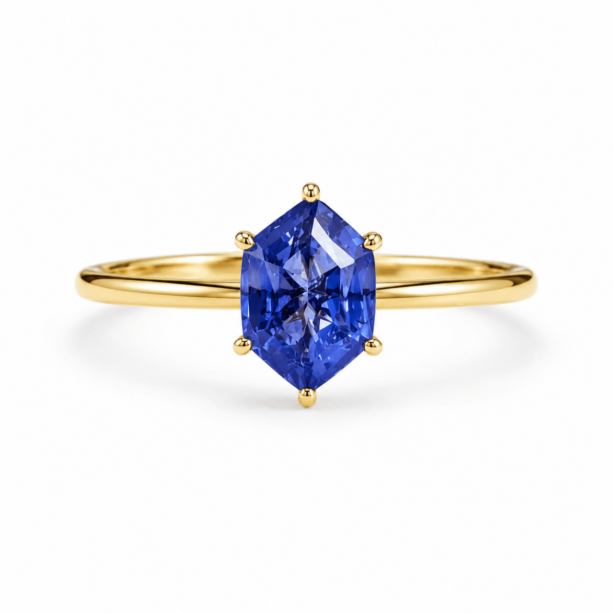 Lab Grown Tanzanite Engagement Ring in 14K Gold, Elongated Hexagon Solitaire - BeadsBoatInc