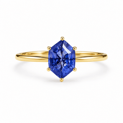 Lab Grown Tanzanite Engagement Ring in 14K Gold, Elongated Hexagon Solitaire - BeadsBoatInc