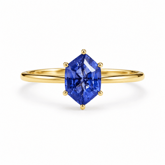 Lab Grown Tanzanite Engagement Ring in 14K Gold, Elongated Hexagon Solitaire - BeadsBoatInc