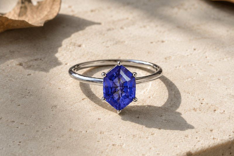 Lab Grown Tanzanite Engagement Ring in 14K Gold, Elongated Hexagon Solitaire - BeadsBoatInc