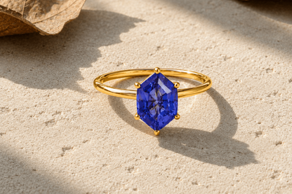 Lab Grown Tanzanite Engagement Ring in 14K Gold, Elongated Hexagon Solitaire - BeadsBoatInc
