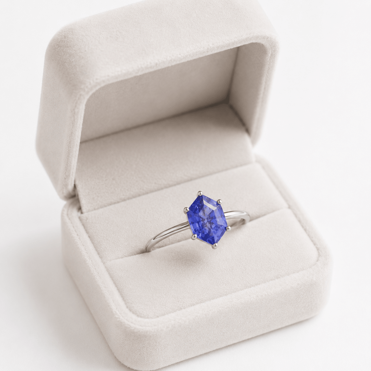 Lab Grown Tanzanite Engagement Ring in 14K Gold, Elongated Hexagon Solitaire - BeadsBoatInc