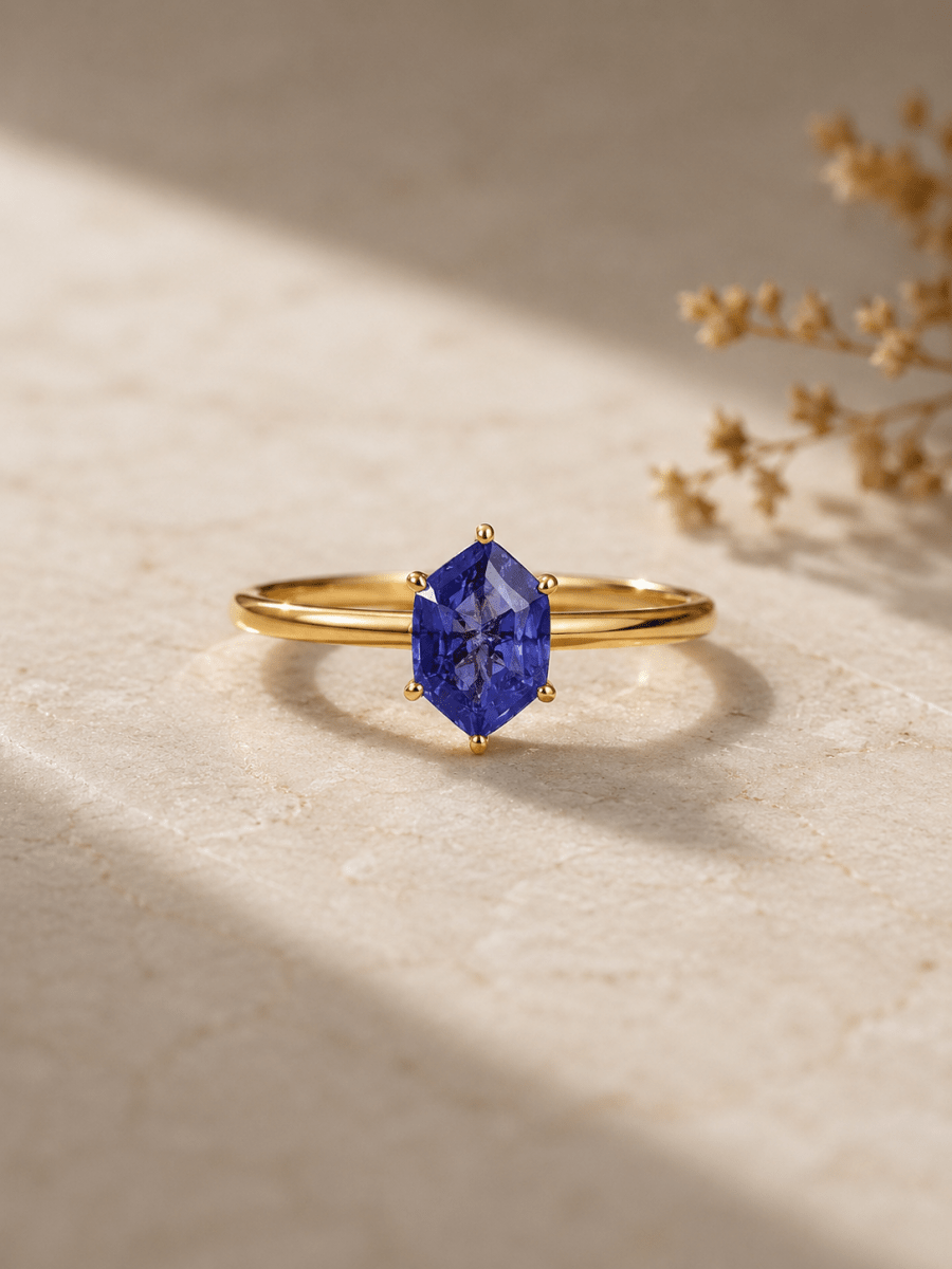Lab Grown Tanzanite Engagement Ring in 14K Gold, Elongated Hexagon Solitaire - BeadsBoatInc