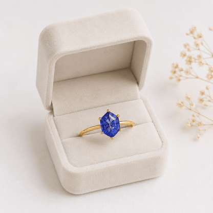 Lab Grown Tanzanite Engagement Ring in 14K Gold, Elongated Hexagon Solitaire - BeadsBoatInc