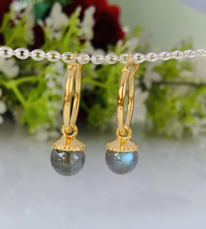 Labradorite Hoop Earrings 925 Sterling Silver Gold Plated Huggie Earrings - BeadsBoatInc