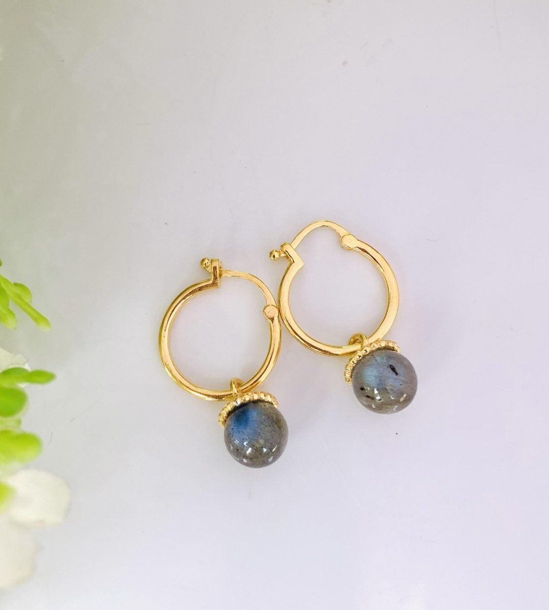 Labradorite Hoop Earrings 925 Sterling Silver Gold Plated Huggie Earrings - BeadsBoatInc