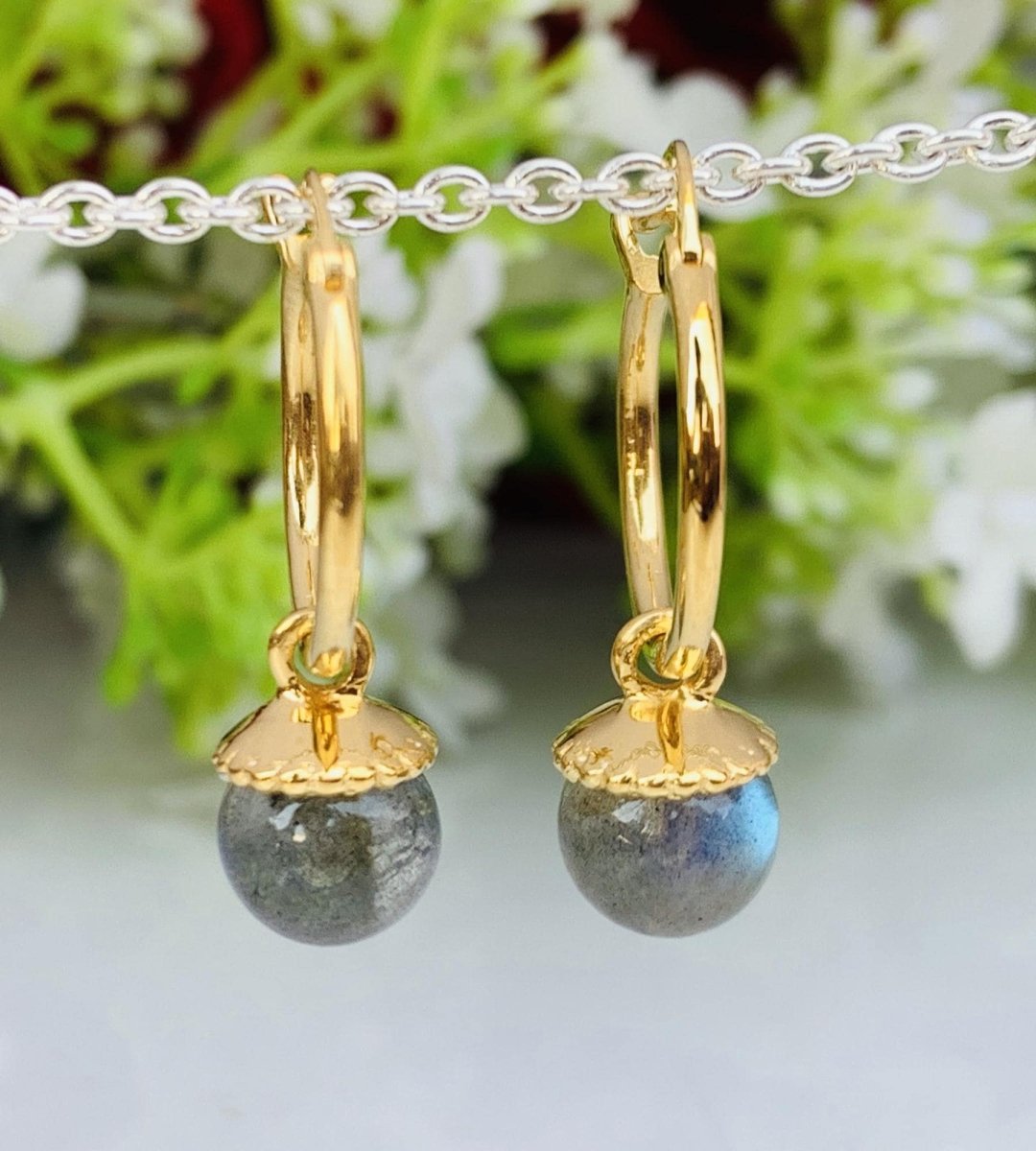 Labradorite Hoop Earrings 925 Sterling Silver Gold Plated Huggie Earrings - BeadsBoatInc