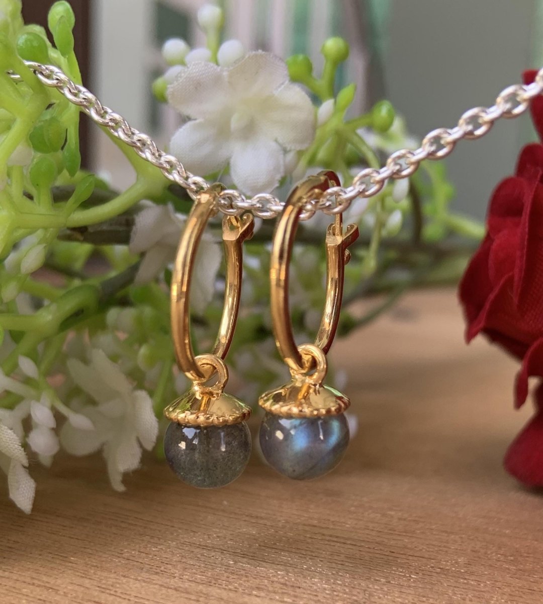 Labradorite Hoop Earrings 925 Sterling Silver Gold Plated Huggie Earrings - BeadsBoatInc