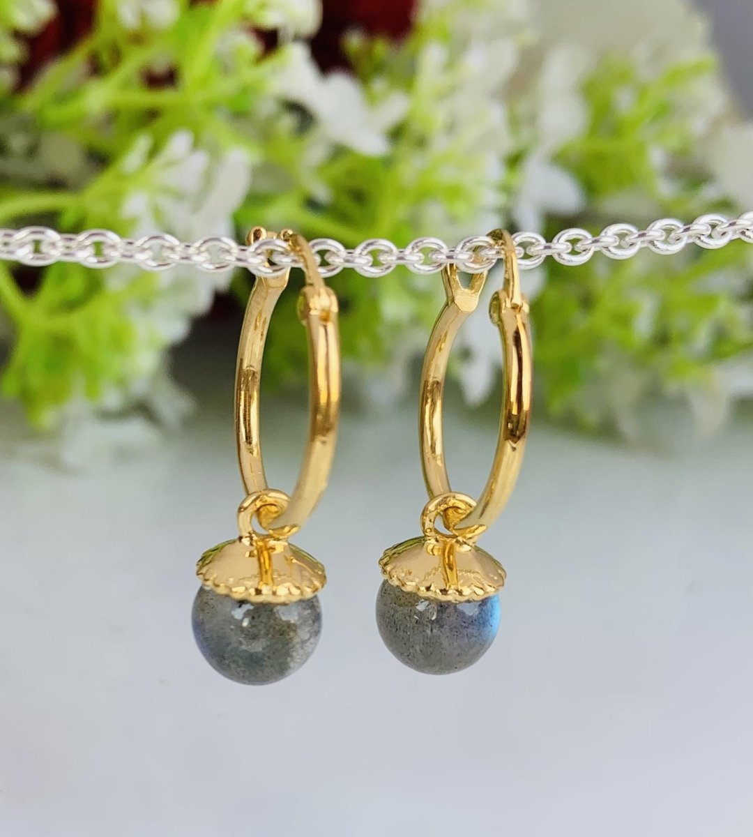 Labradorite Hoop Earrings 925 Sterling Silver Gold Plated Huggie Earrings - BeadsBoatInc